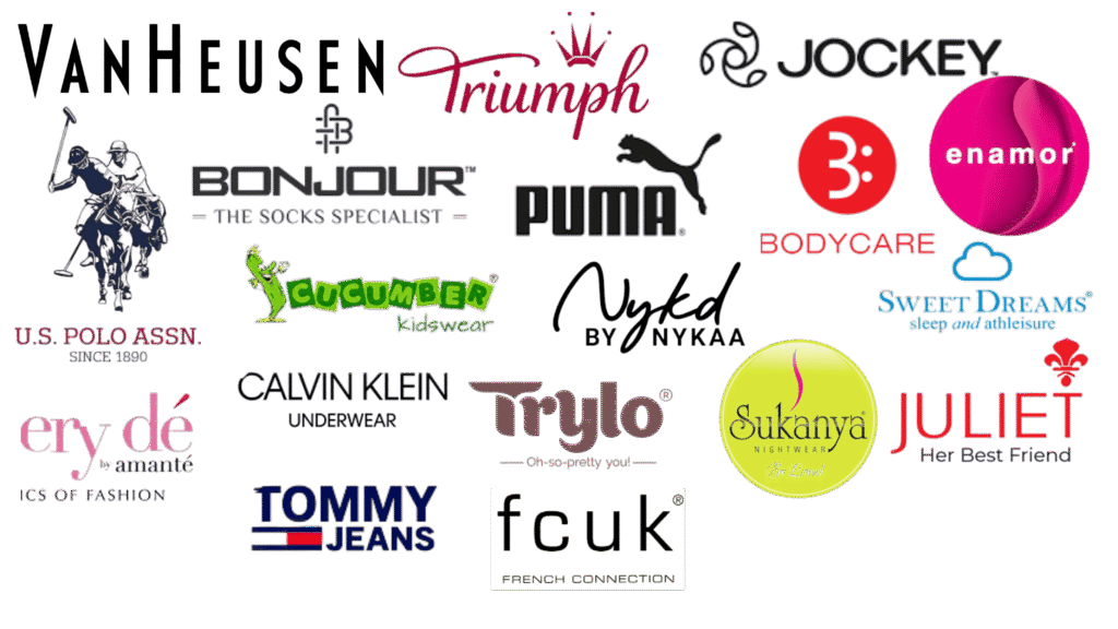 Brand logos available at Inner U including Van Heusen, Calvin Klein, Jockey, Enamor, Puma, U.S. Polo Assn., Triumph, Bodycare, Nykaa, Juliet, and more.